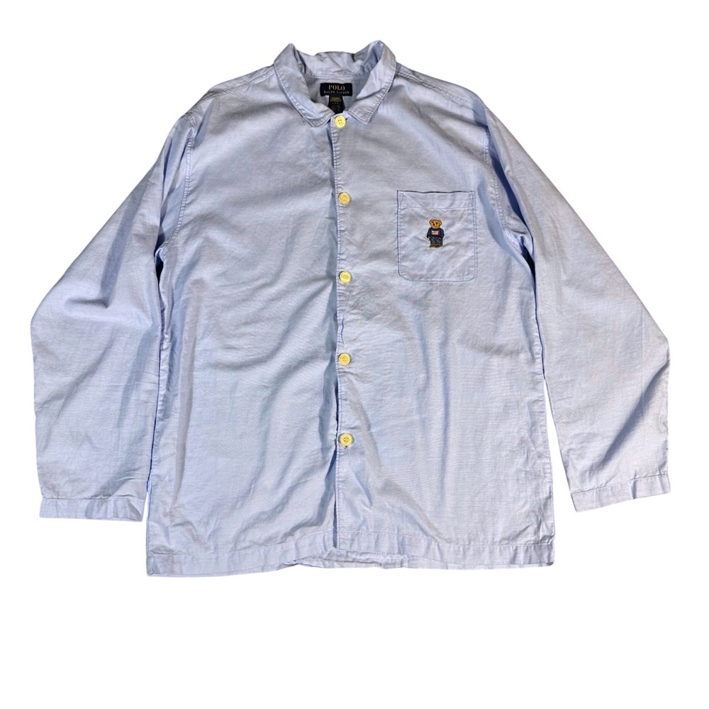 Polo Ralph Lauren Pajama‎ Shirt Mens Large Light Blue Oxford Polo Bear Sleepwear - Picture 2 of 10